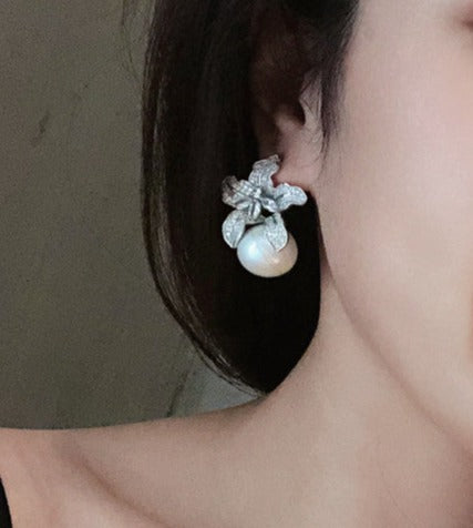 Diamond-encrusted Lily Pearl Stud Earrings