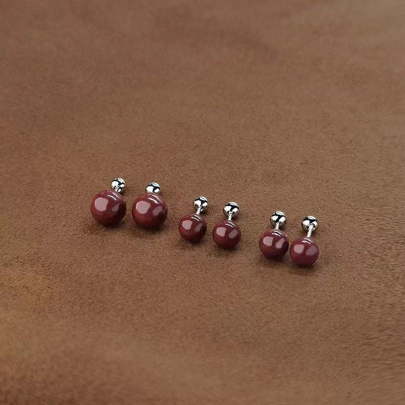 Cinnabar Red Double Ball Stud Earrings