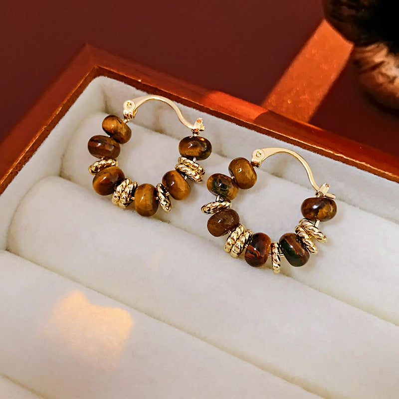 Round Tiger Eye Hoop Earrings