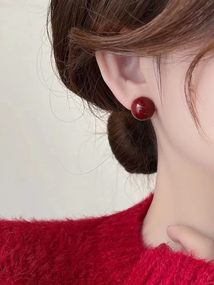 Vintage Wine Red Beans Stud Earrings