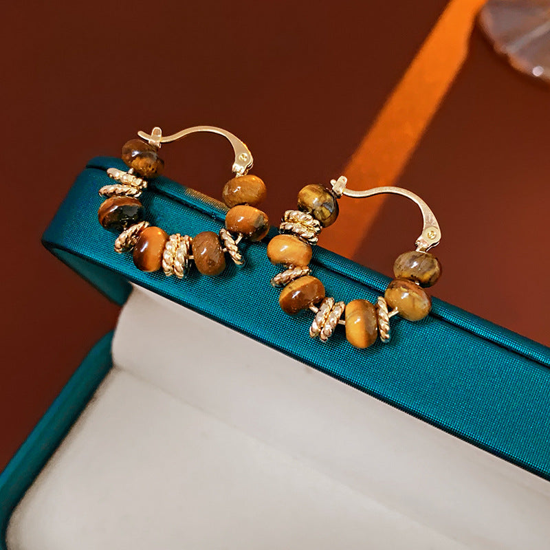 Round Tiger Eye Hoop Earrings