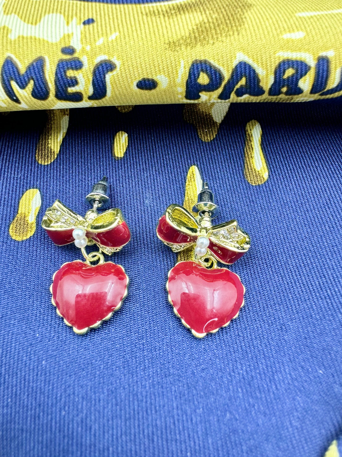Diamond Bow Burgundy Heart Drop Earrings