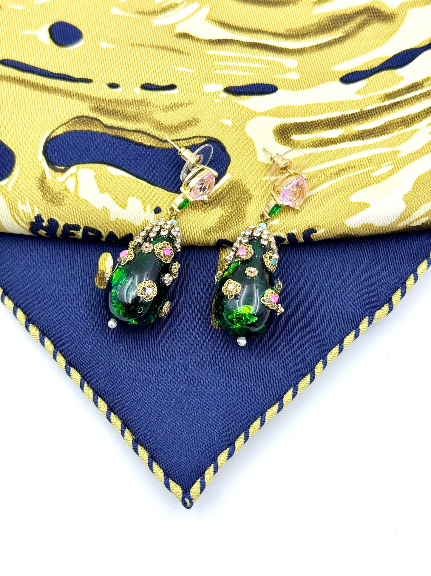 Vintage Green Pink Zircon Drop Earrings