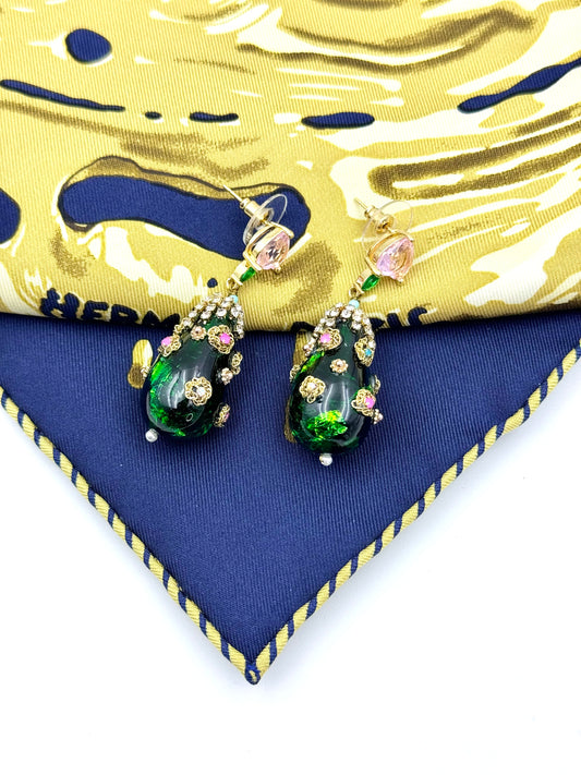 Vintage Green Pink Zircon Drop Earrings