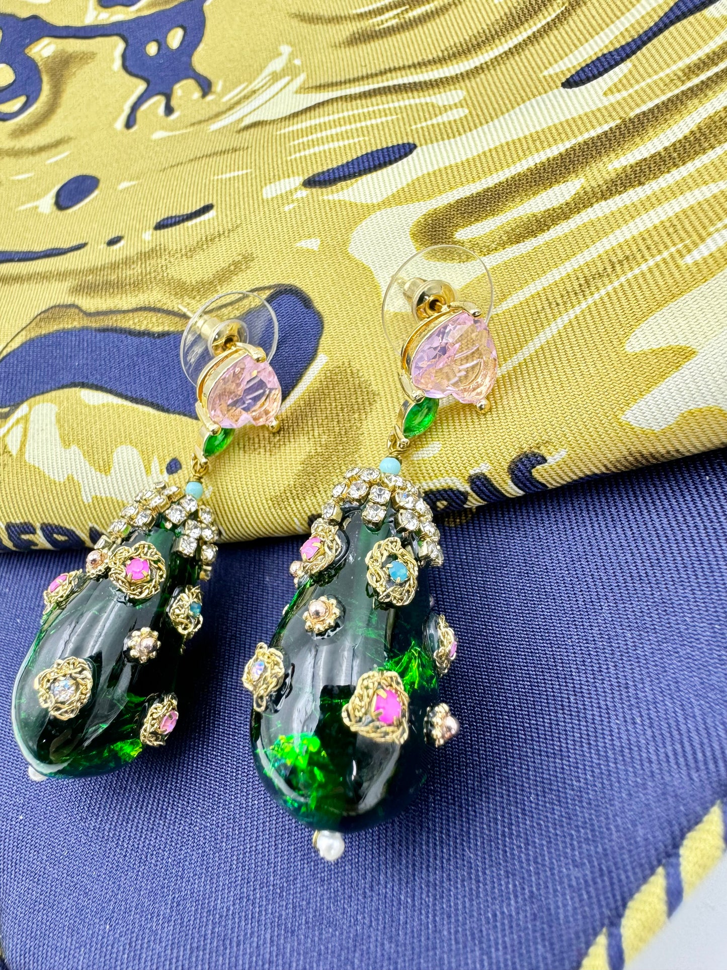 Vintage Green Pink Zircon Drop Earrings