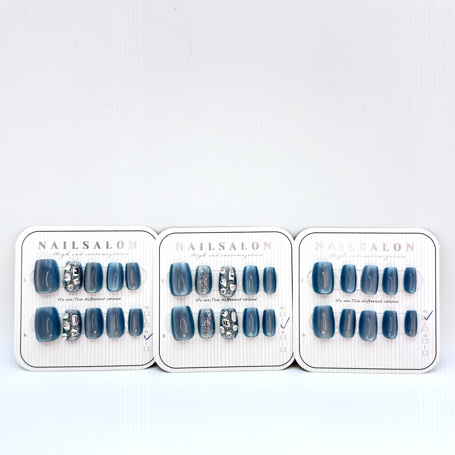 Blue cat's eye diamond light therapy press-on short nails(Size Selection)