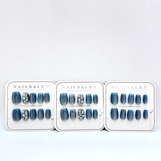 Blue cat's eye diamond light therapy press-on short nails(Size Selection)