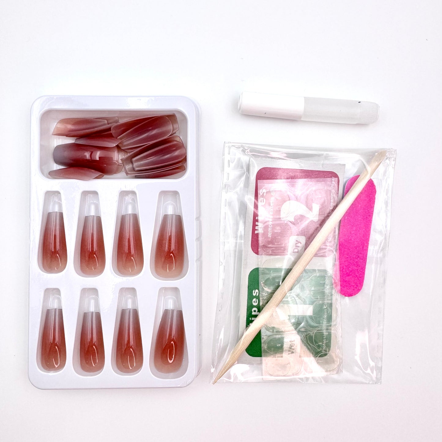New Maillard blush gradient gray blue press-on long nails 24pcs