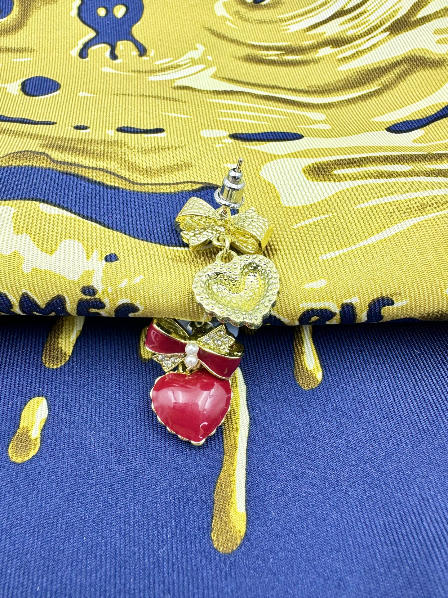 Diamond Bow Burgundy Heart Drop Earrings