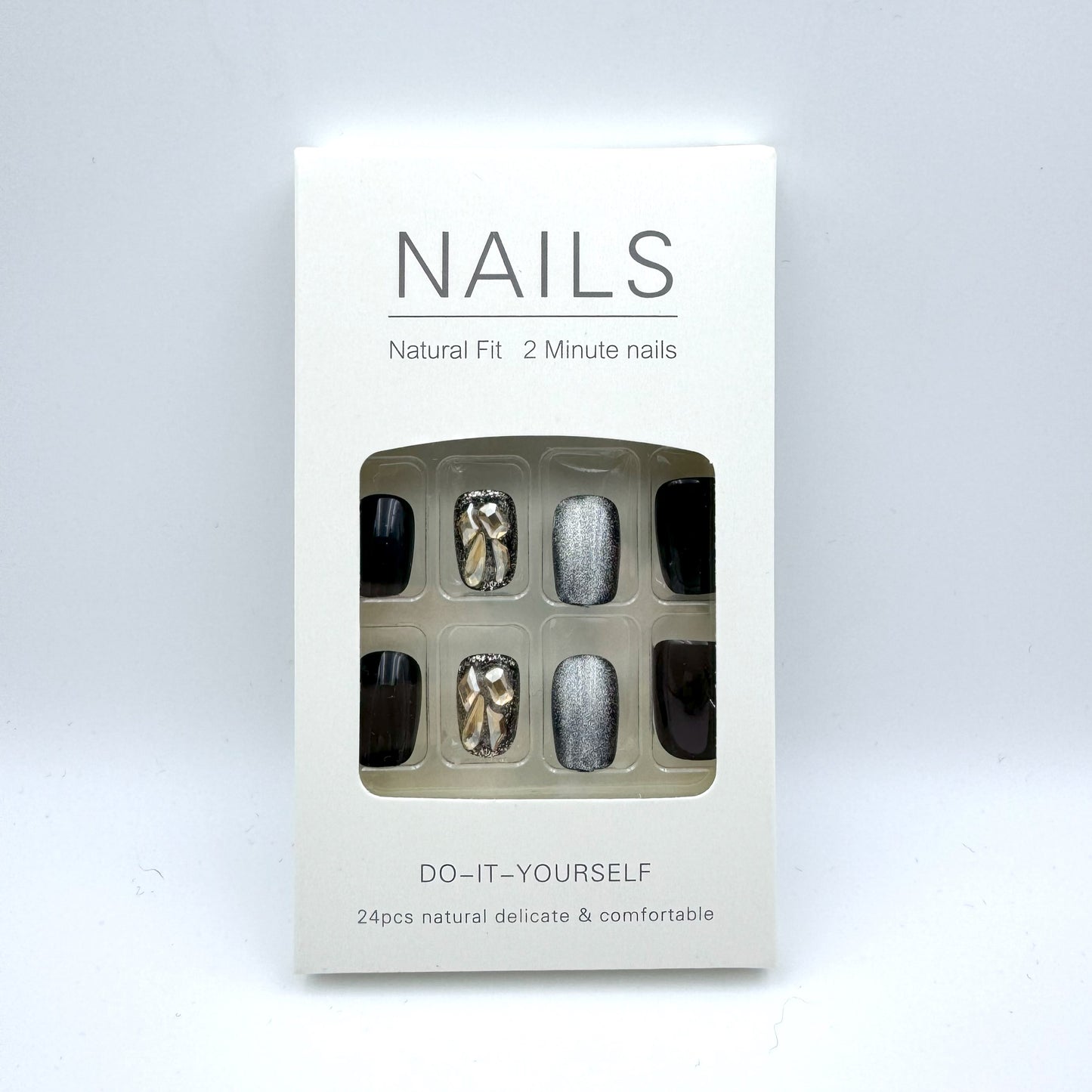 Black cat's eye champagne diamond press-on short nails 24pcs