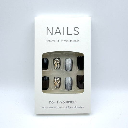 Black cat's eye champagne diamond press-on short nails 24pcs
