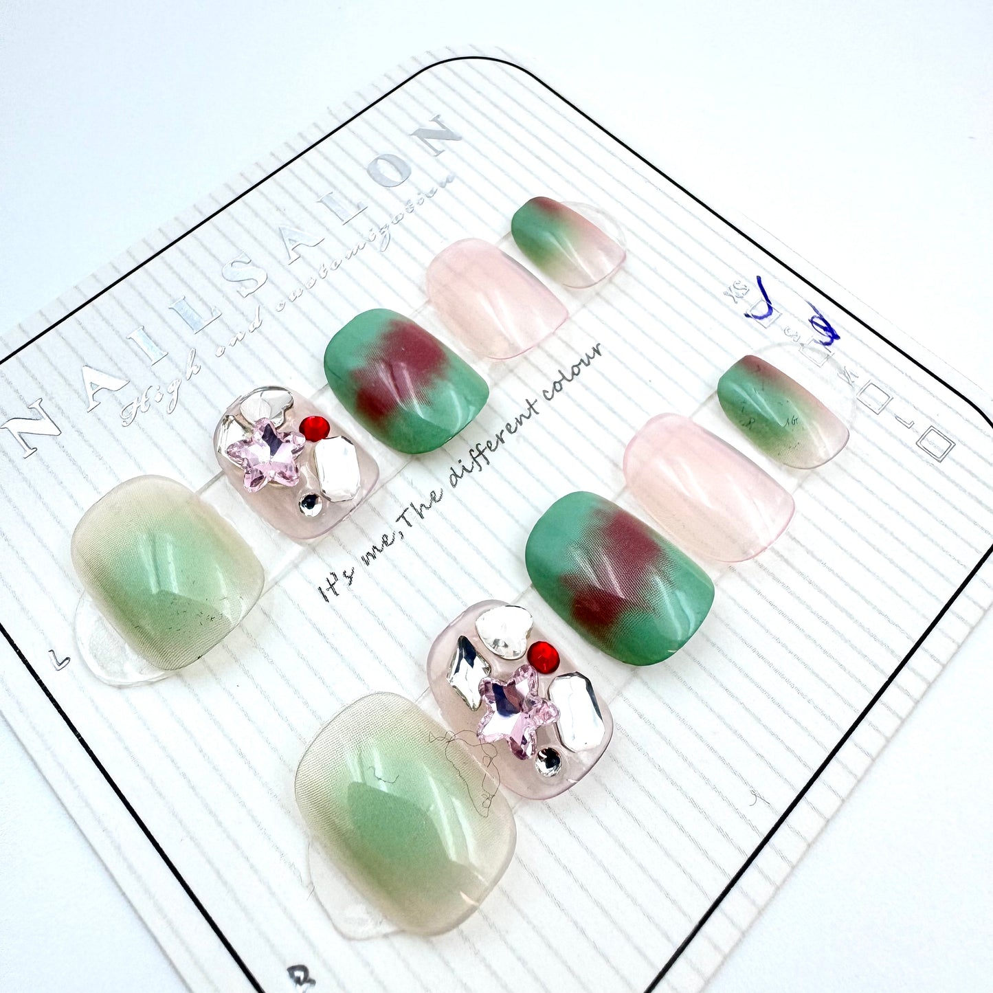 Mint rose smudge press-on short nails with diamond(Size Selection)