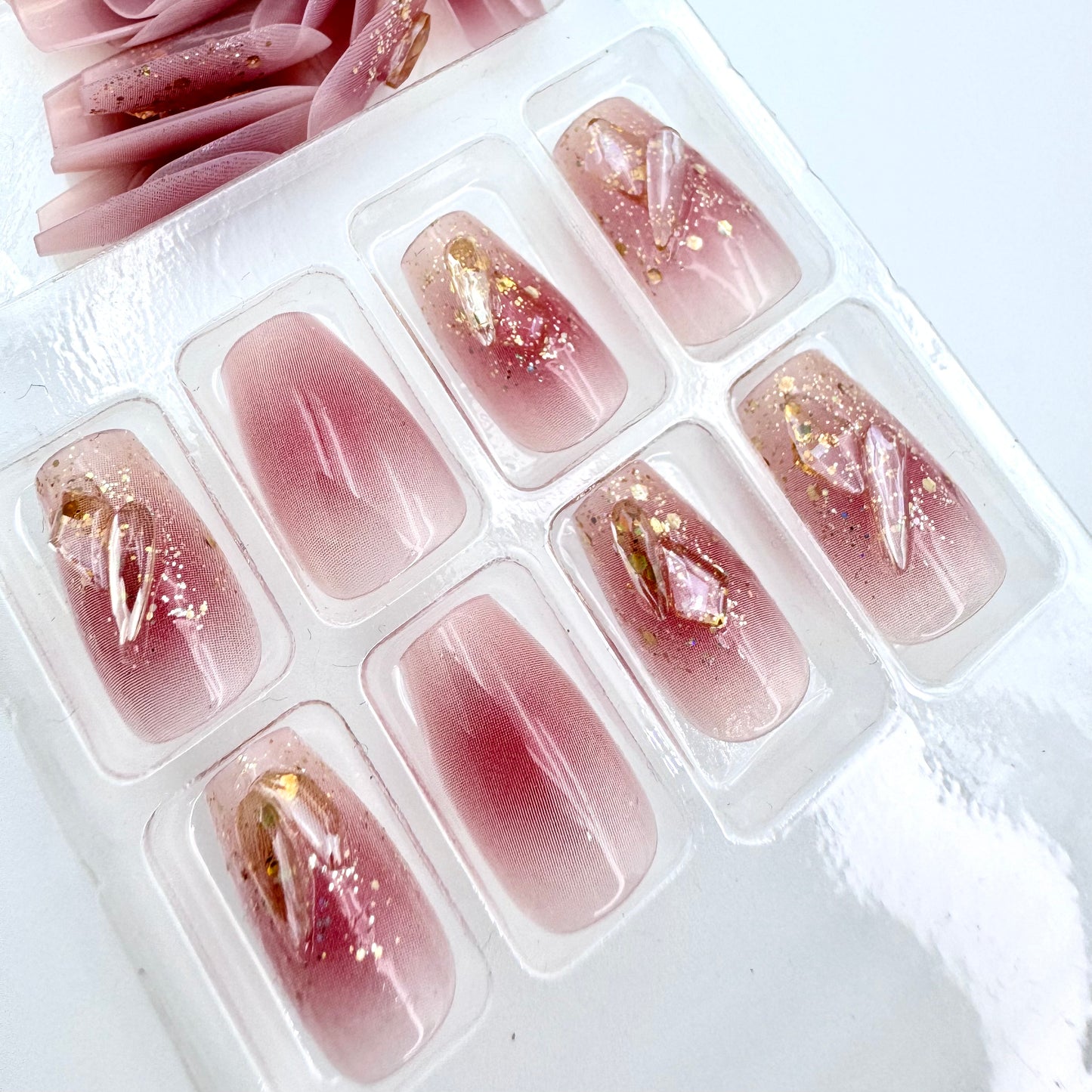 Ice-clear blush with champagne diamonds press-on long nails 24pcs