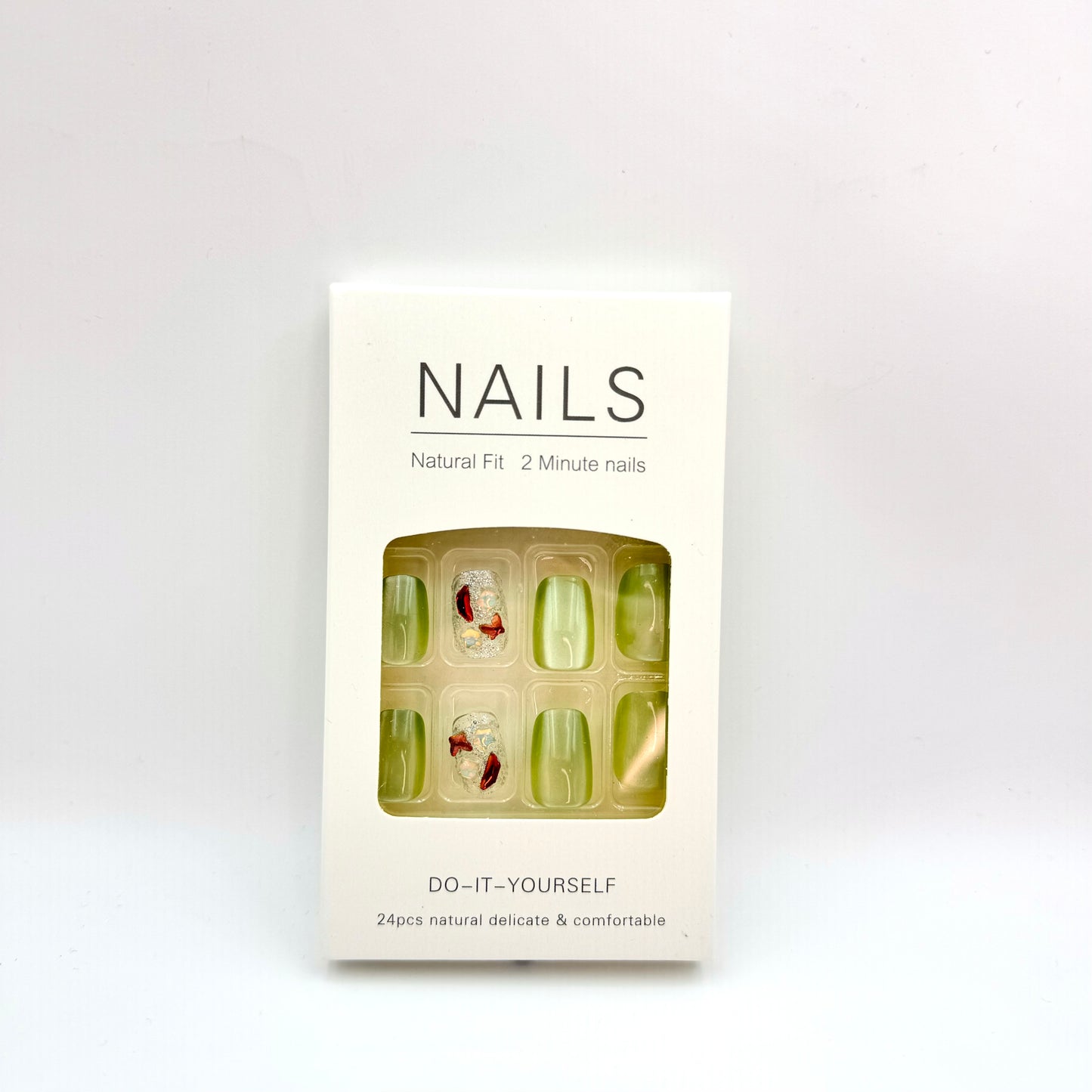 Milky green with diamonds press-on short nails 24pcs