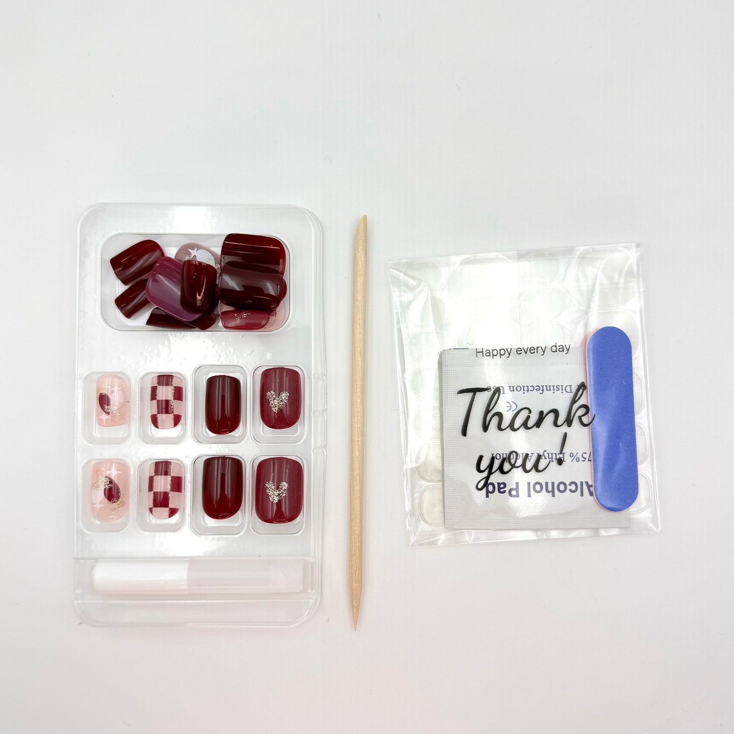 Burgundy checkerboard press-on short nails 24pcs