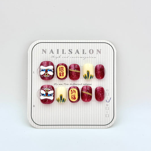 Red Festive New Year handmade short nails press-on nails(Size Selection)