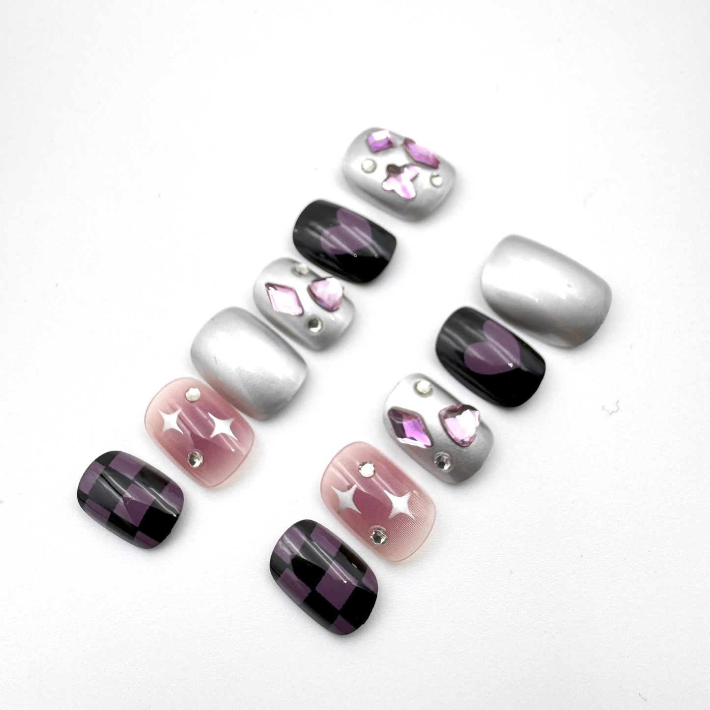 Black purple star with diamond press-on short nails 24pcs