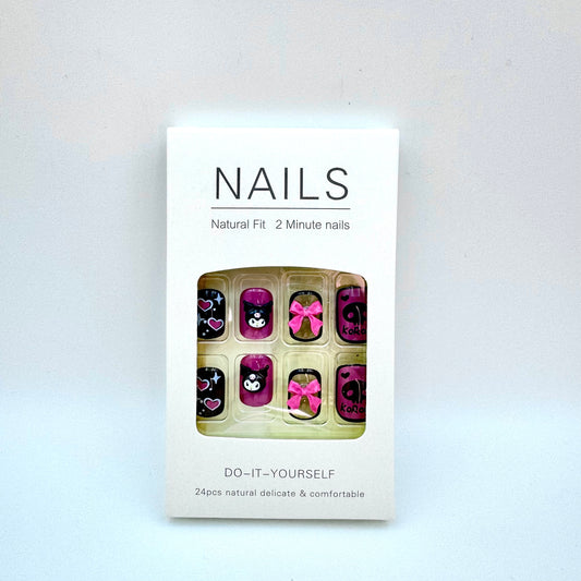 Black pink sweet cool bow Kulomi  press-on nails 24pcs