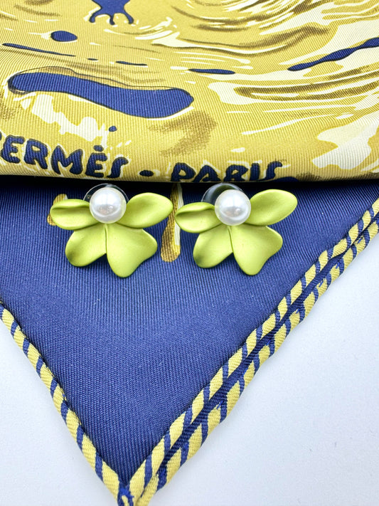 Green Gardenia Pearls Stud Earrings