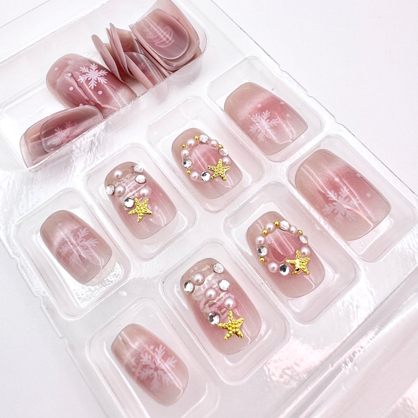 French Christmas snowflake cat's eye/bowknot press-on short nails 24pcs