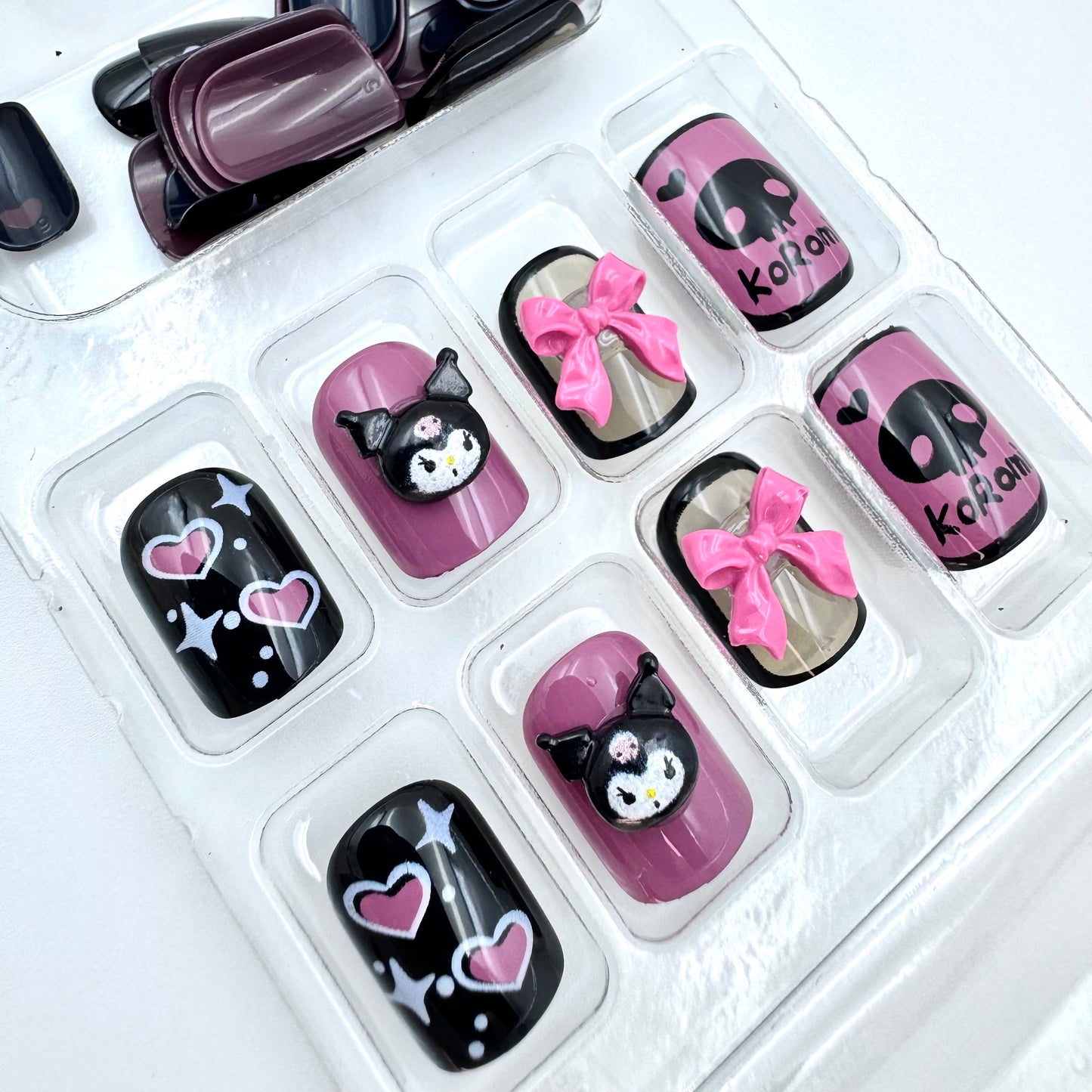 Black pink sweet cool bow Kulomi  press-on nails 24pcs