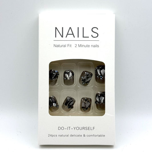 Black glitter full diamonds press-on short nails 24pcs