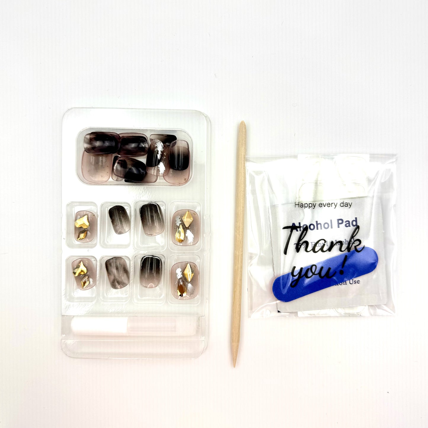 Smudged champagne rhinestones press-on short nails 24pcs