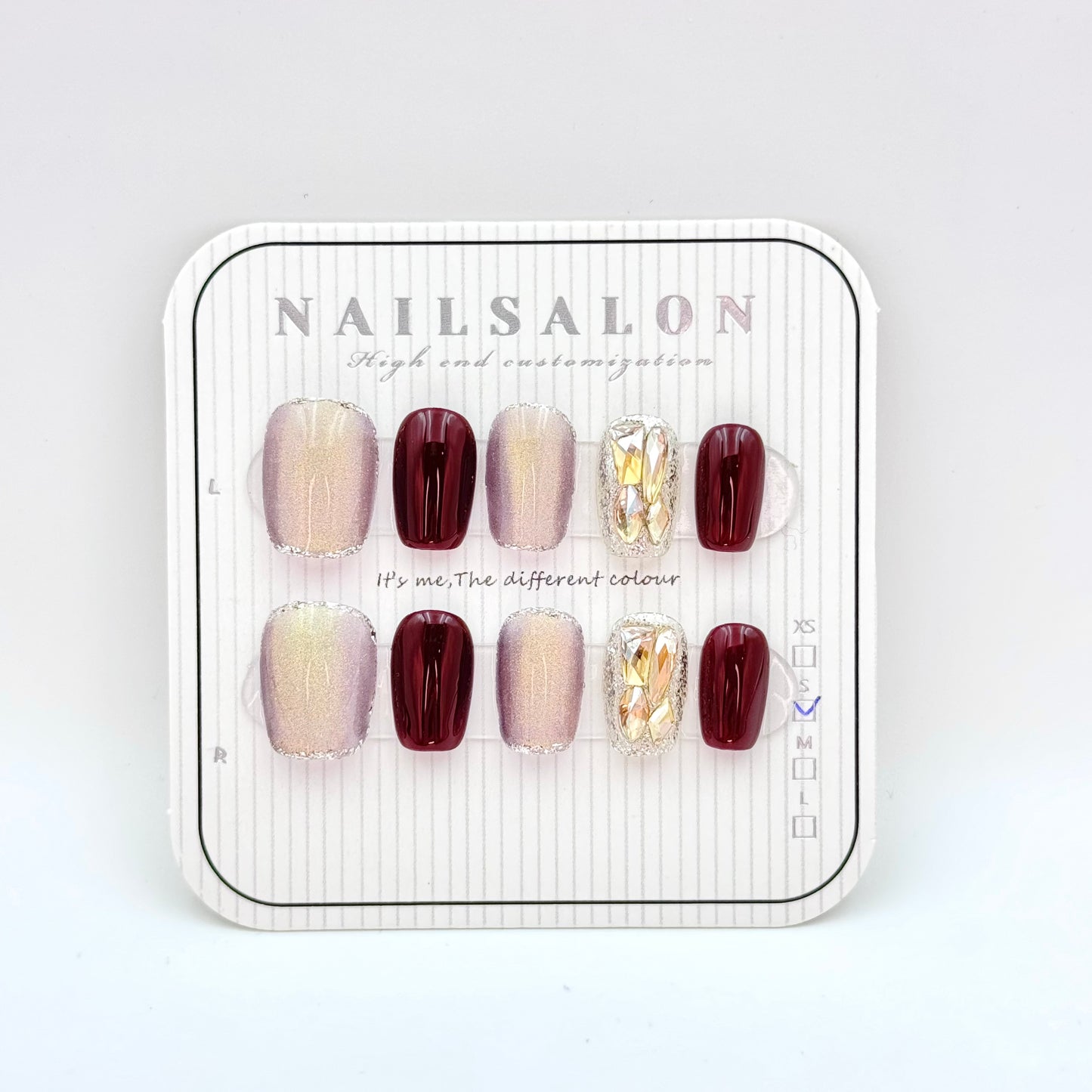 Burgundy cat eye aurora diamond premium press-on nails(Size Selection )