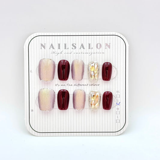 Burgundy cat eye aurora diamond premium press-on nails(Size Selection )