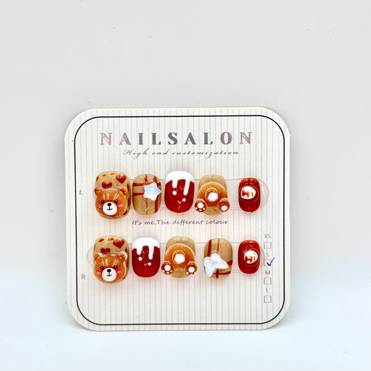 Short Nails chocolate brown bear cartoon handmade press-on nails(Size Selection )