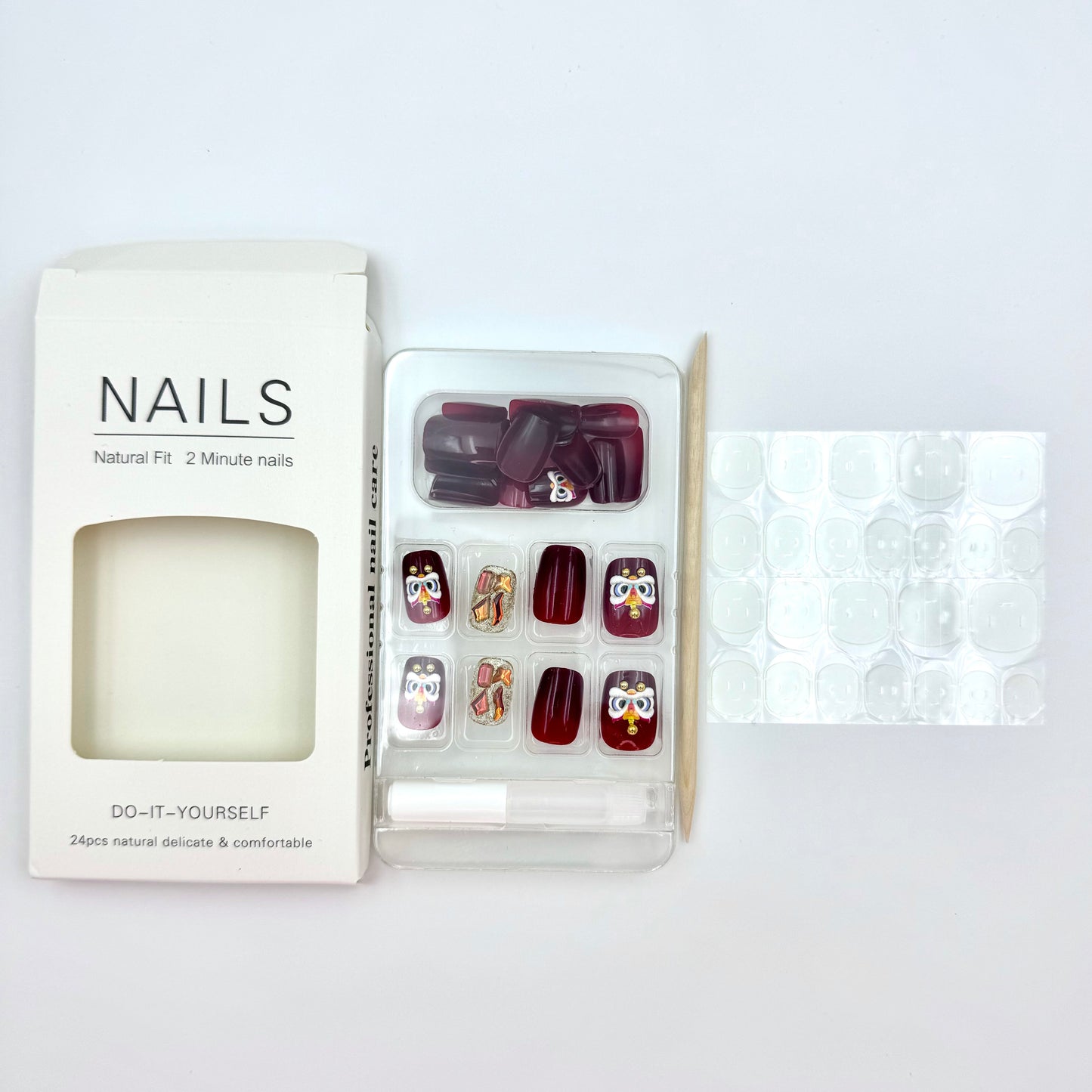 Burgundy lion dance with diamond press-on short nails 24pcs