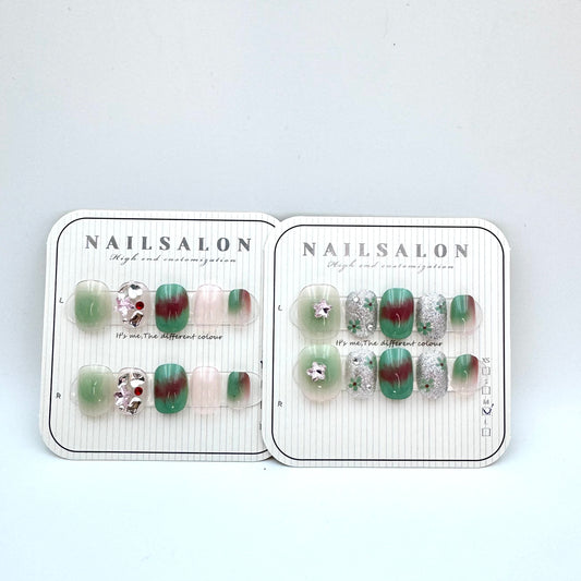 Mint rose smudge press-on short nails with diamond(Size Selection)