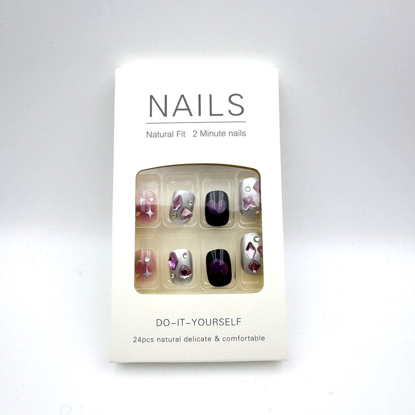 Black purple star with diamond press-on short nails 24pcs