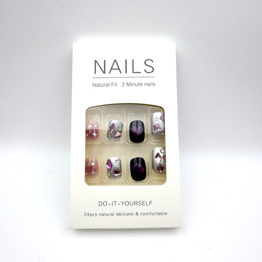 Black purple star with diamond press-on short nails 24pcs