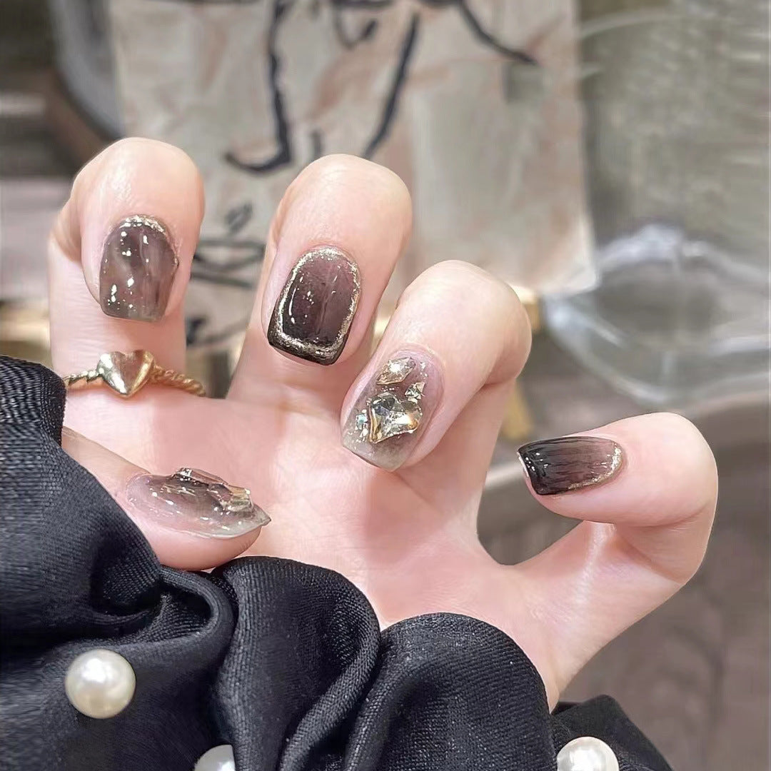 Smudged champagne rhinestones press-on short nails 24pcs