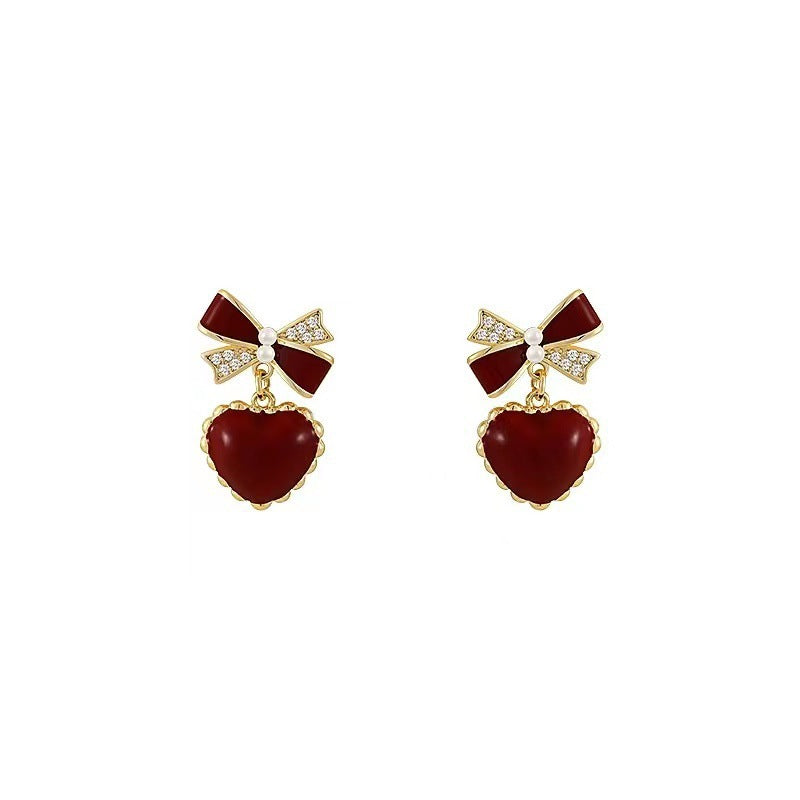 Diamond Bow Burgundy Heart Drop Earrings