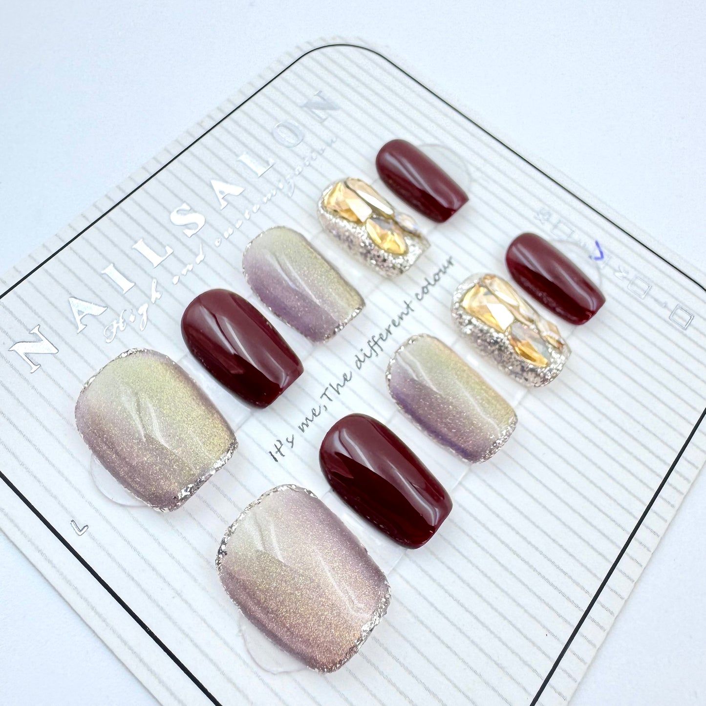 Burgundy cat eye aurora diamond premium press-on nails(Size Selection )