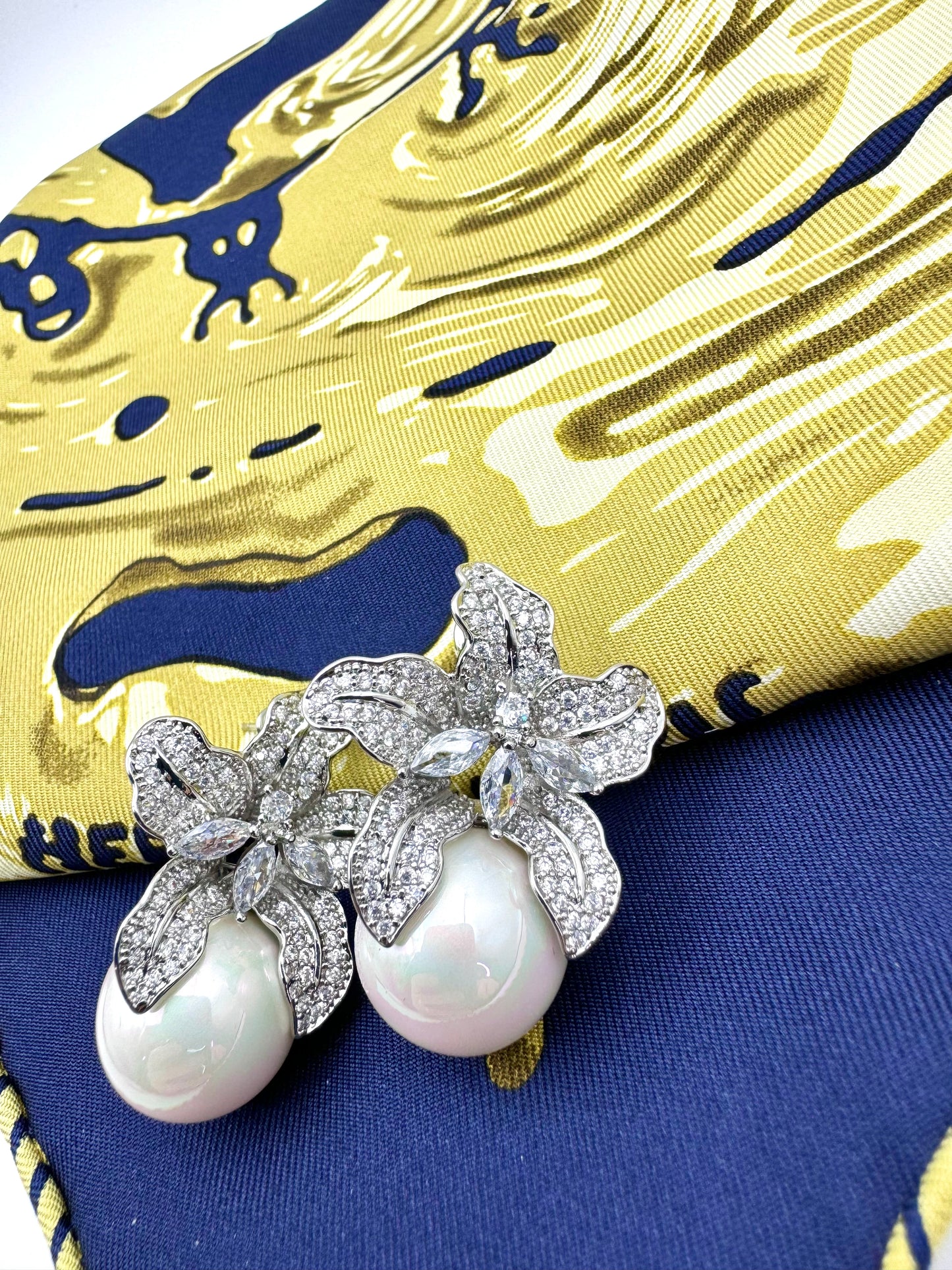Diamond-encrusted Lily Pearl Stud Earrings