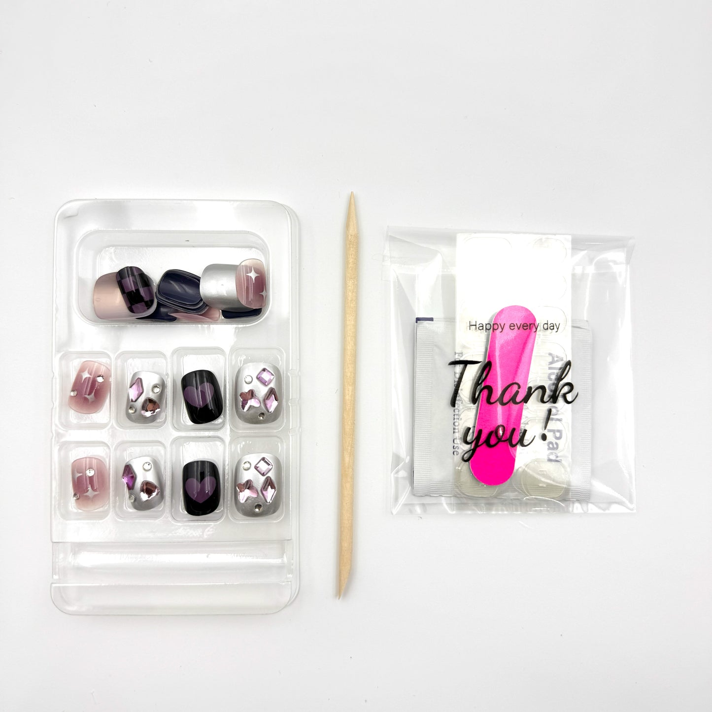 Black purple star with diamond press-on short nails 24pcs