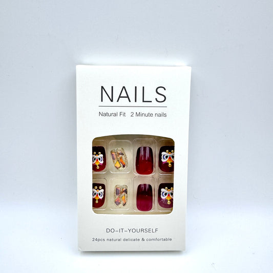 Burgundy lion dance with diamond press-on short nails 24pcs