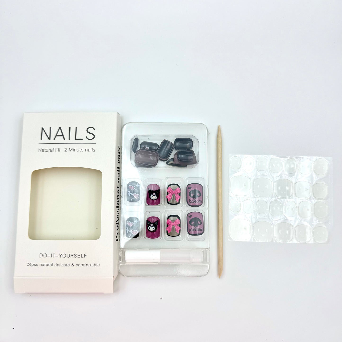 Black pink sweet cool bow Kulomi  press-on nails 24pcs