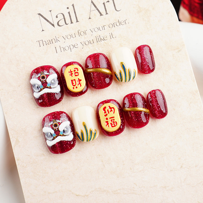 Red Festive New Year handmade short nails press-on nails(Size Selection)