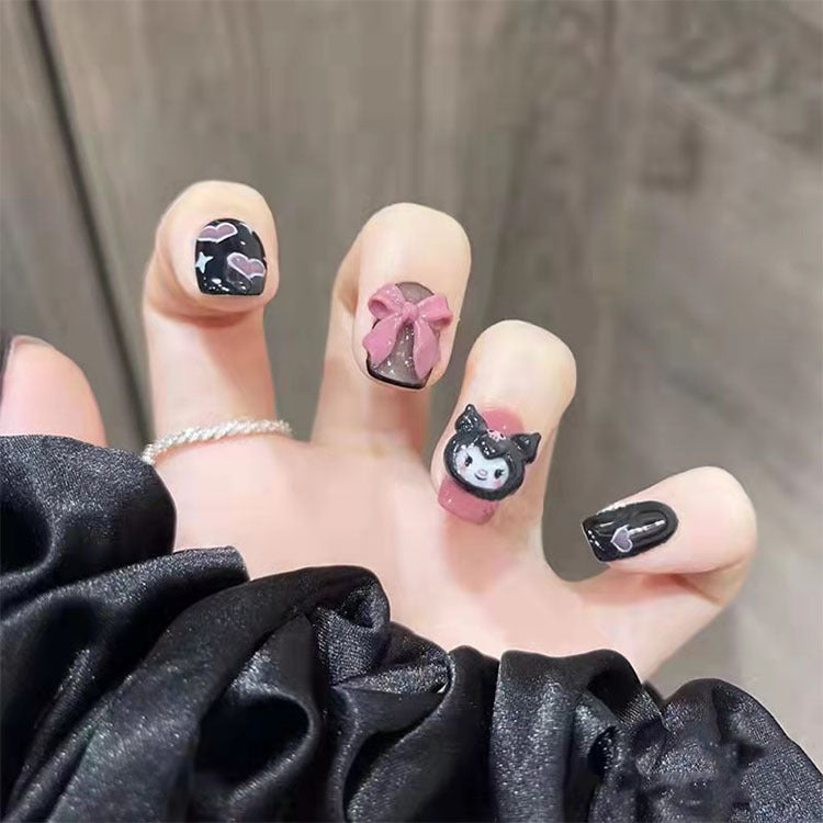Black pink sweet cool bow Kulomi  press-on nails 24pcs
