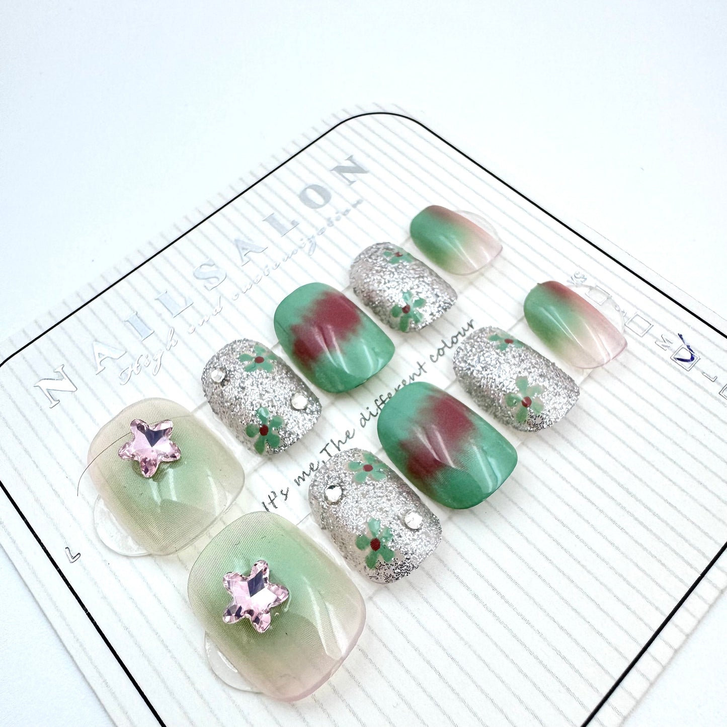 Mint rose smudge press-on short nails with diamond(Size Selection)