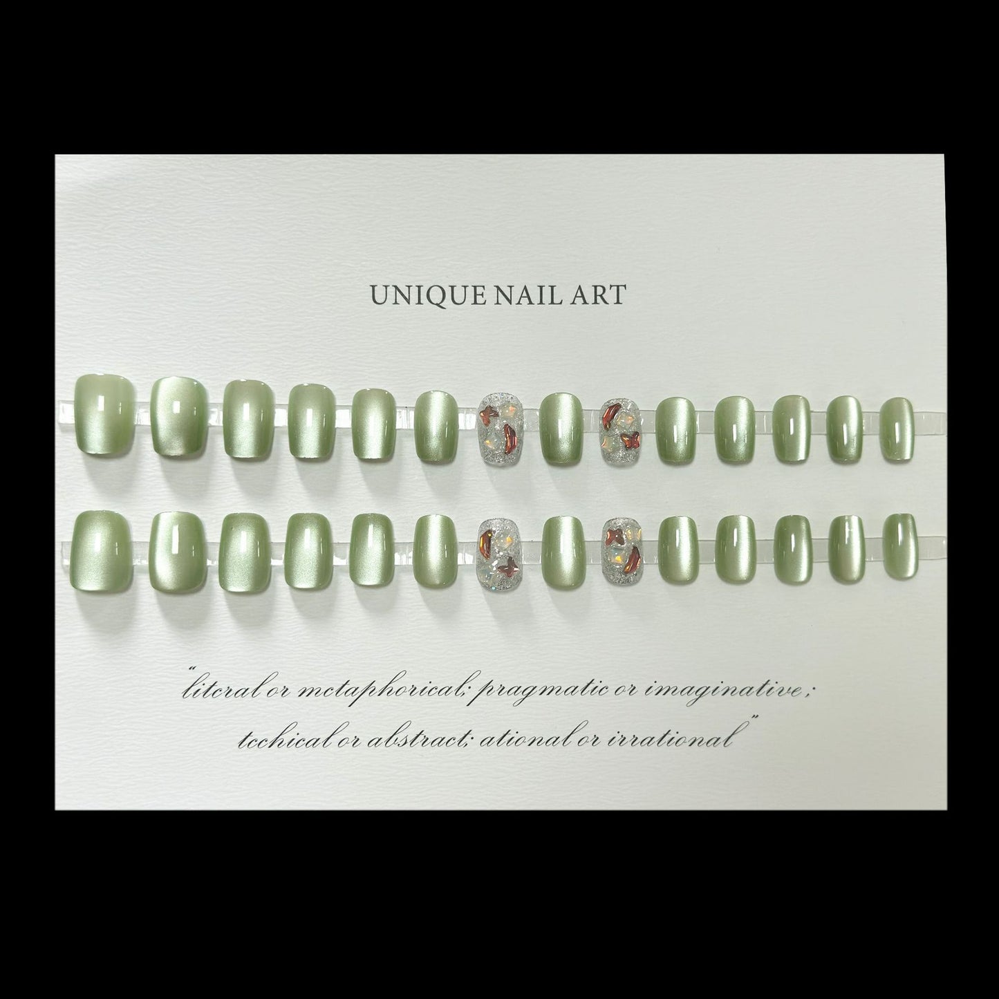 Milky green with diamonds press-on short nails 24pcs