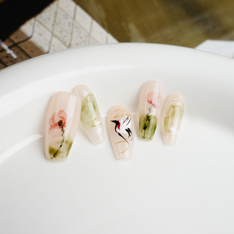 Hand-painted smudged Chinese style high-end press-on nails long nails（Size Selection）