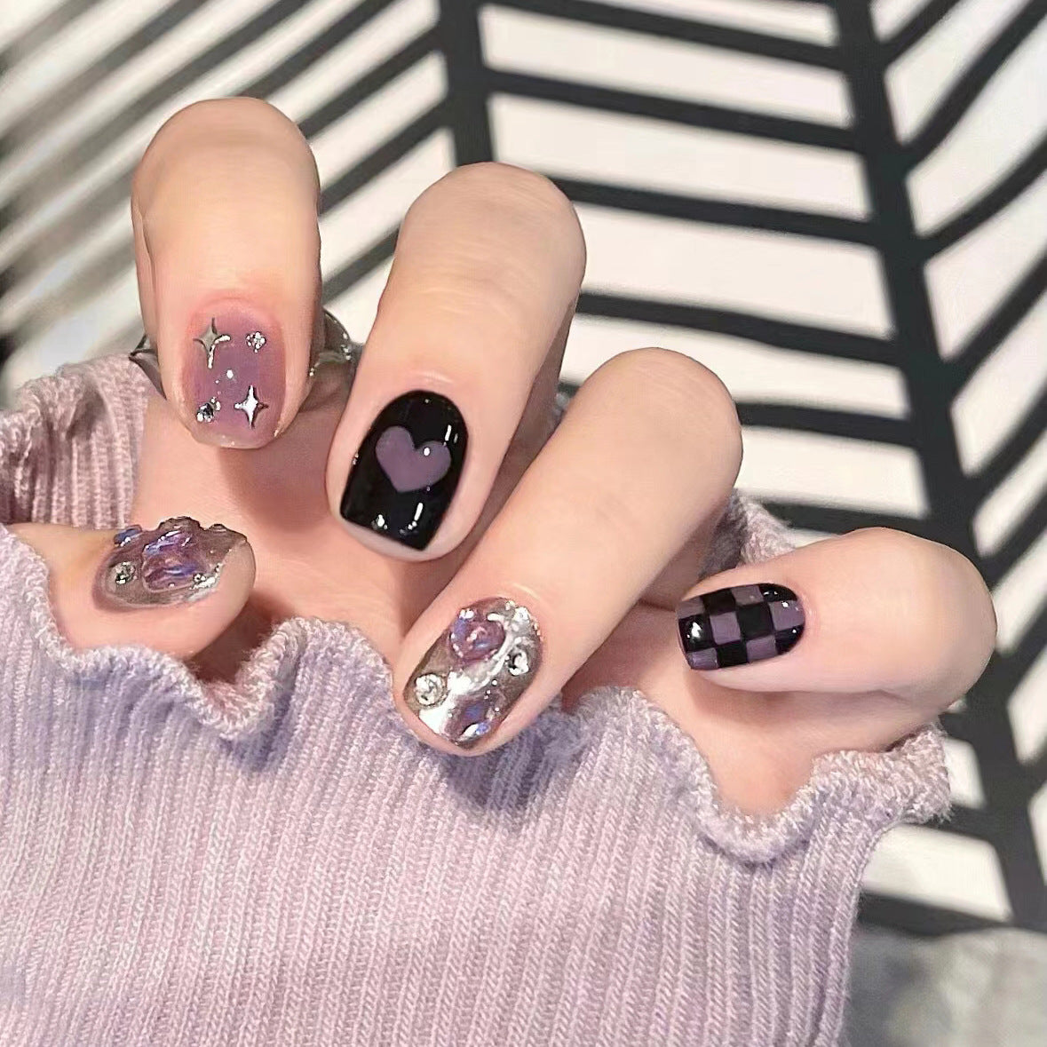 Black purple star with diamond press-on short nails 24pcs