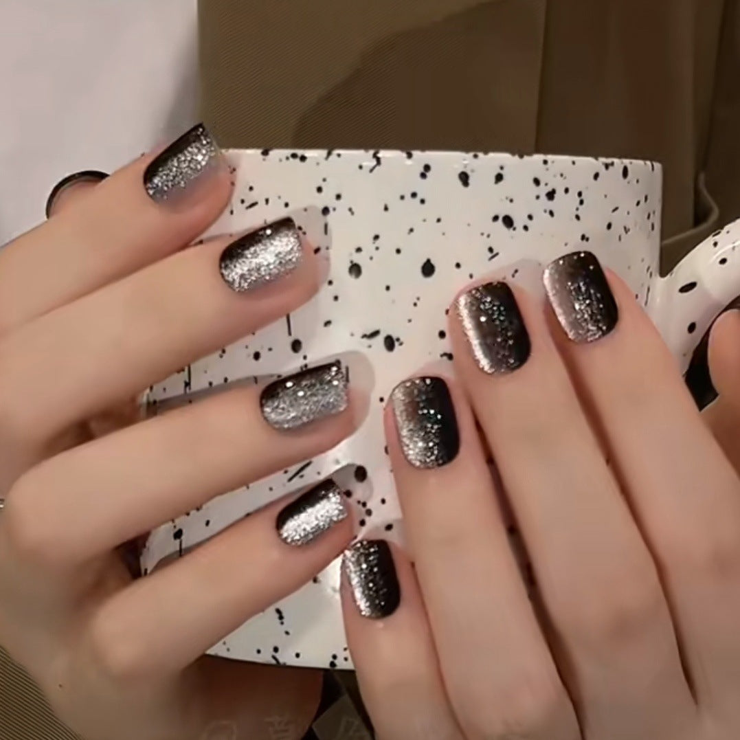 Black gradient crystal cat's eye press-on short nails 24pcs