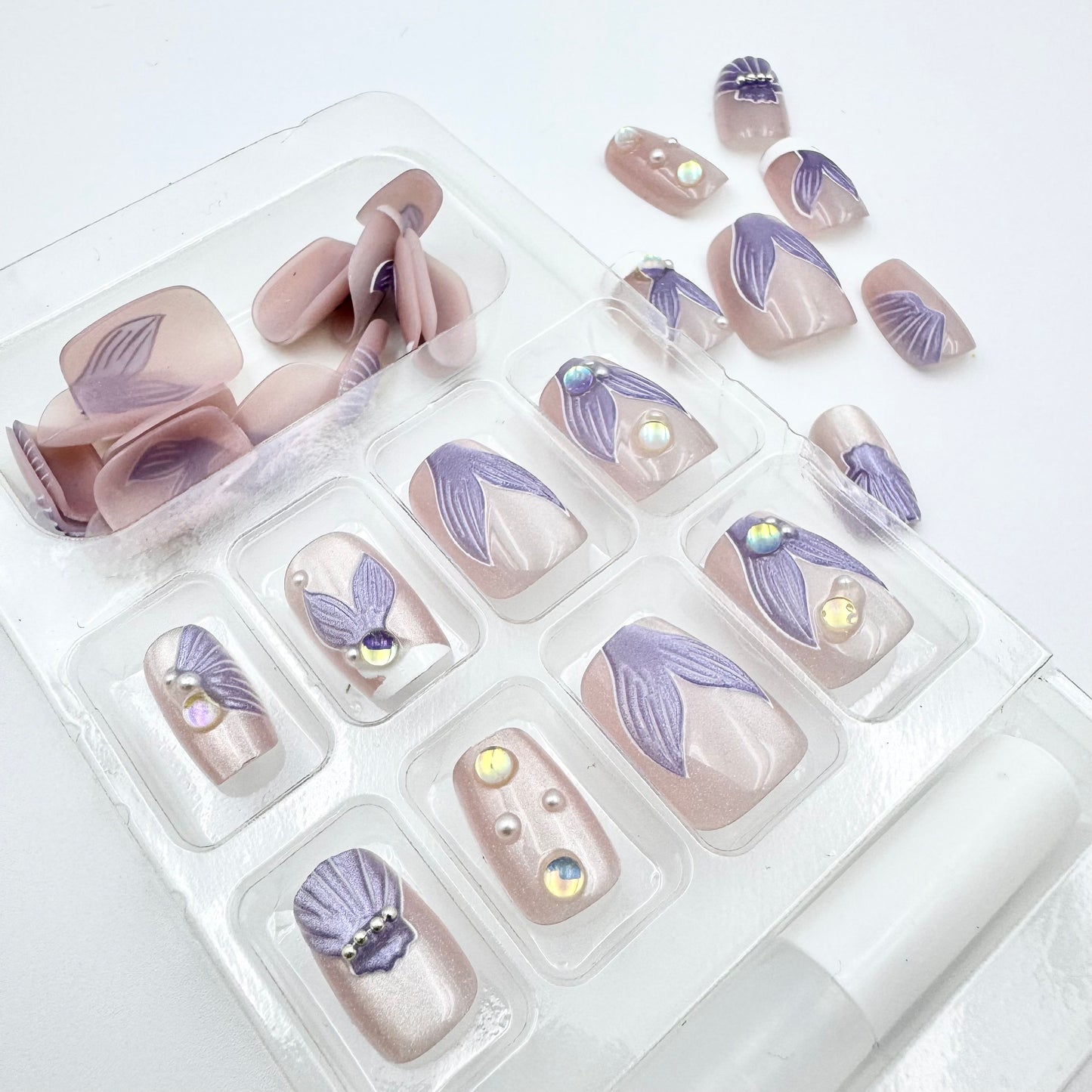 Purple mermaid princess press-on short nails 30pcs
