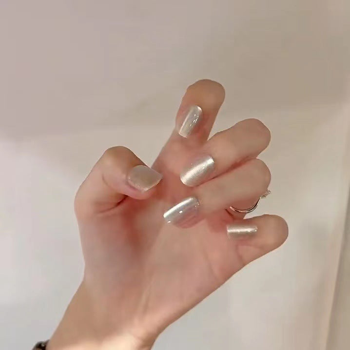 White moonlight cat's eye press-on short nails 30pcs